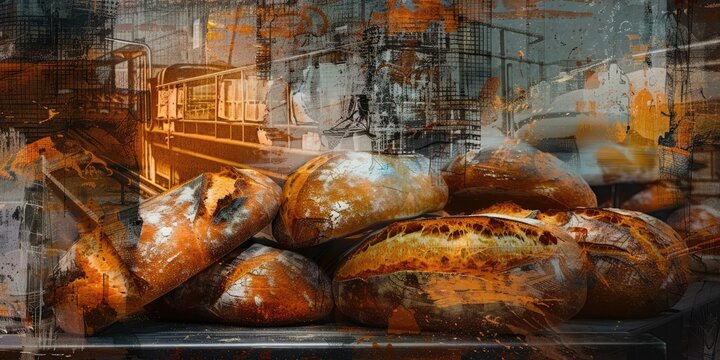 Abstract art with bread and a city scene.