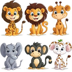 Cute cartoon animal set featuring a lion, giraffe, elephant, monkey, and cheetah, a lively and endearing group