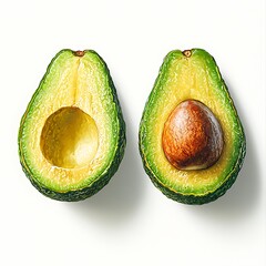 Halved avocado with a pit, isolated on a white background, showcasing the creamy interior