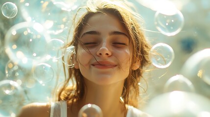 Fototapeta premium Young woman surrounded by soap bubbles, embodying summer fun, happiness, and the warmth of sunlight