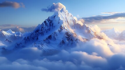 Obraz premium Majestic snowy mountain peak rising above the clouds at sunset, bathed in a warm, golden glow