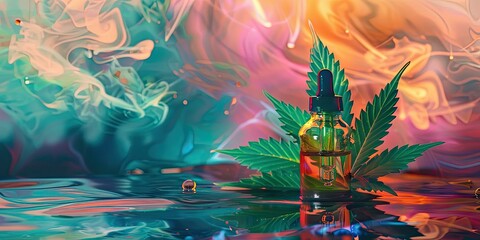 Fototapeta premium Cannabis leaf and oil bottle on water surface.