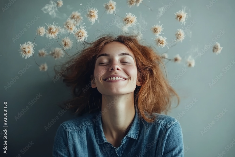 Sticker Happy woman surrounded by floating dandelions symbolizing carefree thoughts mental wellness and the lightness of positive emotions in a whimsical and dreamy atmosphere