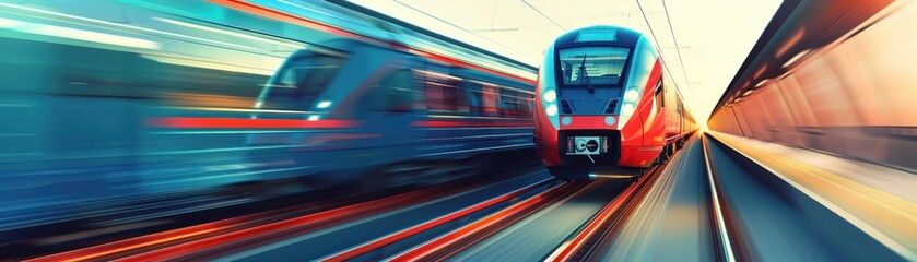 Dynamic motion blur of two speeding trains on parallel tracks, captured in vibrant colors, symbolizing modern transportation and speed.