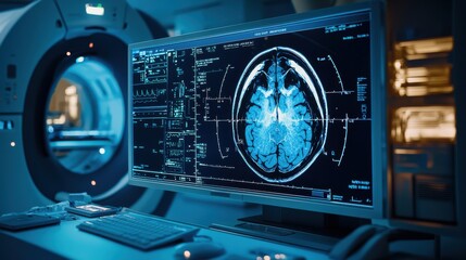 A high-resolution medical imaging scan, such as MRI or CT, displayed with analytical data and annotations.