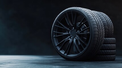 Car tires with rubber tread on alloy wheels, black round, set against a black background