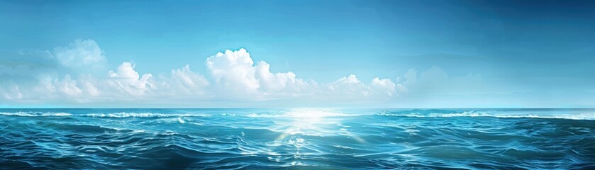 Serene ocean horizon with bright blue sky, gentle waves, and fluffy white clouds. Perfect for tranquil, nature-themed backgrounds.