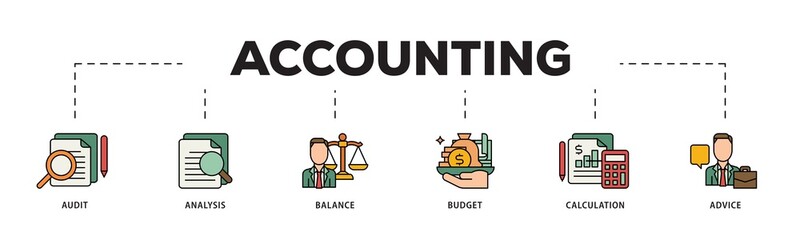 Accounting icon infographic illustration concept with icon of audit, analysis, balance, budget, calculation, and advice icon png and easy to edit 