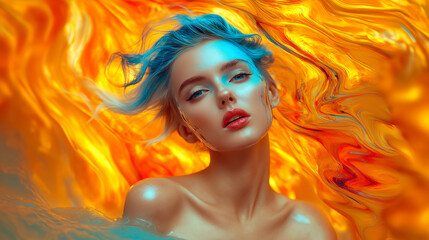 Obraz premium A woman with vibrant blue hair and glossy lips is set against a swirling, fiery background of orange and yellow hues. She gazes directly at the viewer with a serene expression.AI generated.
