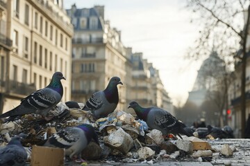 Group of pigeons pecking at a pile of trash on a city street, surrounded by classic European architecture in the background. © isz