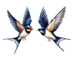 Obraz premium Swallows birds in flight, couple in love isolated on white background. Watercolor. Illustration.