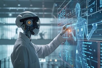 Medical technology. Healthcare and medicine, doctor using AI robots for diagnosis and medical research connecting with big data on virtual interface screen. Futuristic health technology background