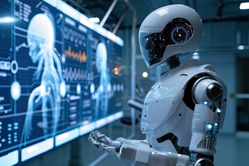 Fototapeta premium Medical technology. Healthcare and medicine, doctor using AI robots for diagnosis and medical research connecting with big data on virtual interface screen. Futuristic health technology background