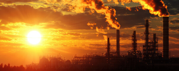 Fototapeta premium A sunset over a large industrial plant with smoke coming out of the top