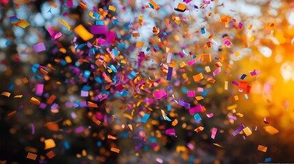 Colorful confetti flying in the air against a backdrop of warm sunlight, evoking feelings of joy and celebration