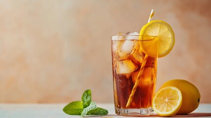 Refreshing and Chilled Iced Tea Served with a Slice of Lemon and a Straw Providing a Vibrant and Thirst Quenching Backdrop for Summer Enjoyment and Relaxation