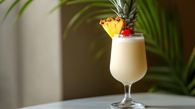 A photograph of a vibrant pina colada cocktail with a fresh pineapple wedge and maraschino cherry garnish served in a tall glass on a table with space for text overlay - Powered by Adobe