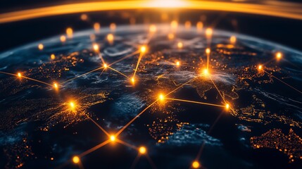 Obraz premium Global network of glowing nodes connected across a digital world map, representing connectivity and communication