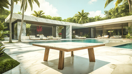 Fototapeta premium a pool with a palm tree and a luxurious house in the background