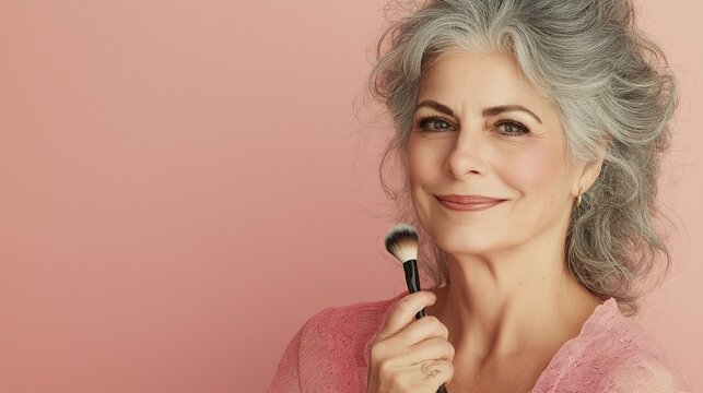 Elegant older woman holding a makeup brush against a pink background, symbolizing beauty and grace in aging