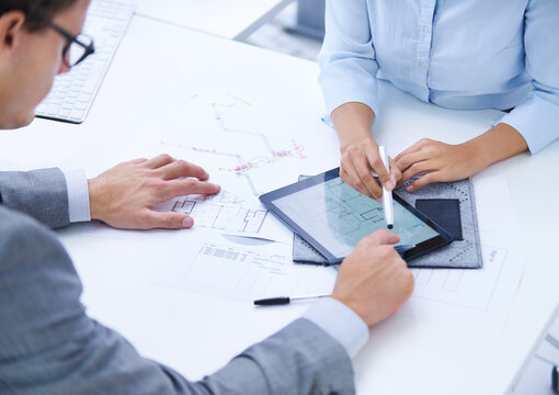 Tablet, floor plan screen or hands of people in meeting for planning or engineering project. Architecture strategy, teamwork or designers speaking of digital app, development or blueprint closeup