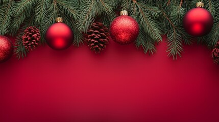 Naklejka premium Holiday background with pine branches, red ornaments, and pinecones hanging on a red surface, evoking a festive and warm holiday atmosphere