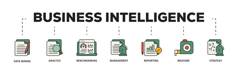 Business intelligence icon infographic illustration concept with icon of data mining, analysis, benchmarking, management, reporting, measure, and strategy icon png and easy to edit 