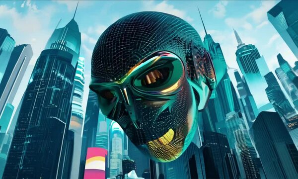 Futuristic alien face with enigmatic expression representing advanced civilization against neon cityscape