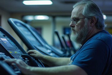 Older man with glasses focusing on treadmill workout in a dimly lit gym, prioritizing fitness and...