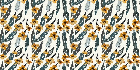 Modern printed fabric flower block print pattern with linen texture effect. Stylized boho dark floral for chic fashion background motif border design.