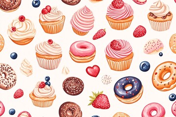 Watercolor Seamless Pattern of Donuts and Cupcakes with Berries