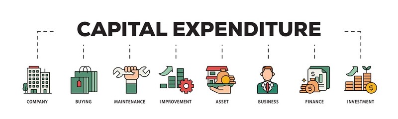 Capital expenditure icon infographic illustration concept with icon of company, buying, maintenance, improvement, asset, business, finance, investment icon png and easy to edit 