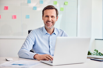 Professional businessman smiling while working on a laptop at his desk in office.