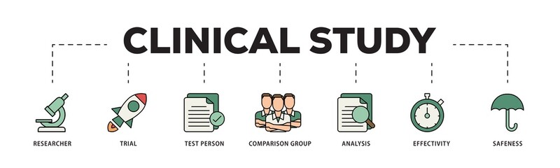Clinical study icon infographic illustration concept with icon of researcher, trial, test person, comparison group, analysis, effectivity, and safeness icon png and easy to edit 