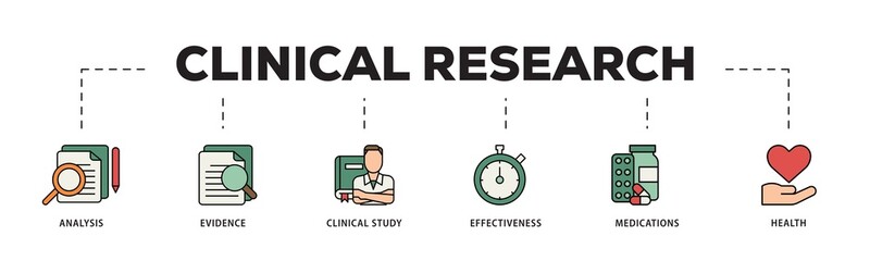 Clinical research icon infographic illustration concept with icon of analysis, evidence, clinical study, effectiveness, medications and health icon png and easy to edit 