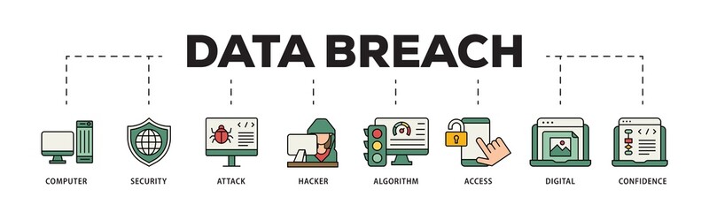 Data breach icon infographic illustration concept with icon of computer, security, attack, hacker, algorithm, access, digital and confidence icon png and easy to edit 