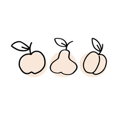 A trio of hand-drawn fruit illustrations featuring an apple, pear, and peach with minimalist design against a simple background