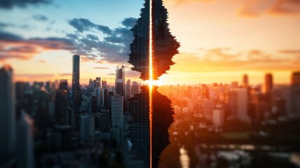 Fototapeta premium Cityscape with Sunset Through a Skyscraper Crack
