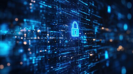 Obraz premium An abstract blue grid showcasing rapid data flow and emphasizing cyber-data security, with a padlock symbol for information privacy.