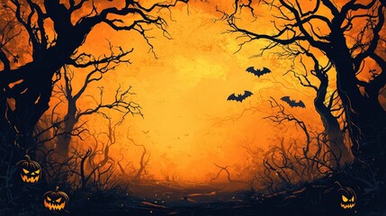 A haunting Halloween night scene featuring glowing jack-o'-lanterns, bats, and twisted trees against an eerie orange and black background.