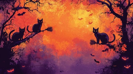 A spooky Halloween night with black cats sitting on branches, flying bats, and glowing pumpkins against an orange and purple sky.