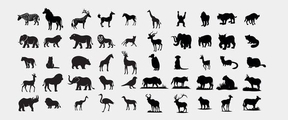 50 vectors silhoutte animals of savanna, all of is mamalia, silhouettes on a white background. Perfect for designs about animals.