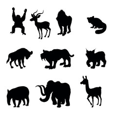 silhoutte animals of savanna, all of is mamalia, silhouettes on a white background. Perfect for designs about animals
