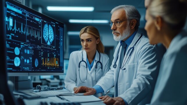 A collaborative session with doctors, nurses, and AI specialists, utilizing advanced technology to enhance patient treatment plans and outcomes.