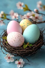 Obraz premium Three pastel Easter eggs in a nest with cherry blossoms, set against a soft blue backdrop