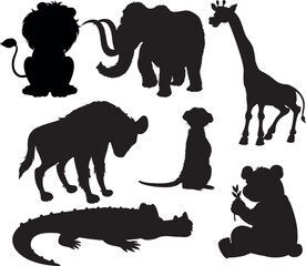 silhoutte animals of savanna, all of is mamalia, silhouettes on a white background. Perfect for designs about animals
