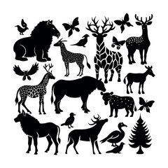 silhoutte animals of savanna, all of is mamalia, silhouettes on a white background. Perfect for designs about animals