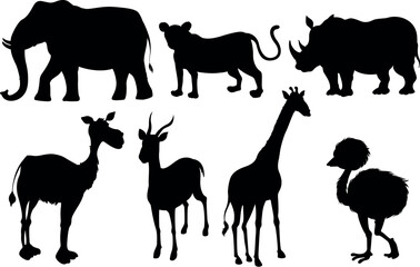 silhoutte animals of savanna, all of is mamalia, silhouettes on a white background. Perfect for designs about animals