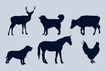 silhoutte animals of savanna, all of is mamalia, silhouettes on a white background. Perfect for designs about animals