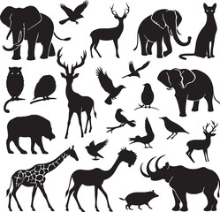 silhoutte animals of savanna, all of is mamalia, silhouettes on a white background. Perfect for designs about animals